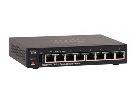 Smart коммутатор Cisco, 8 портов 1 Гб/с RJ-45 SG250-08-K9-EU