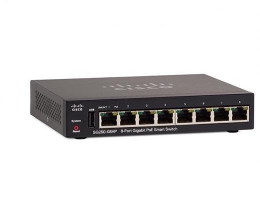 Smart коммутатор Cisco, 8 портов 1 Гб/с RJ-45 SG250-08HP-K9-EU