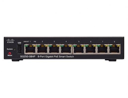 Smart коммутатор Cisco, 8 портов 1 Гб/с RJ-45 SG250-08HP-K9-EU